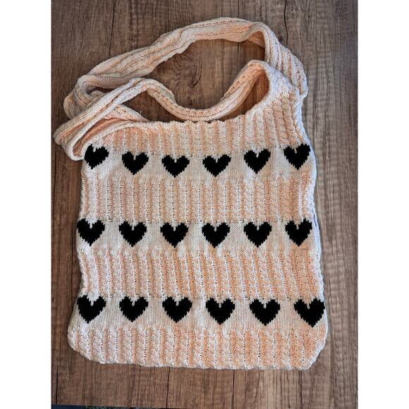 Knit Purse Black Heart Bag NEW FAST SHIP Travel Bag Boho Style Shoulder Bag - Picture 1 of 5